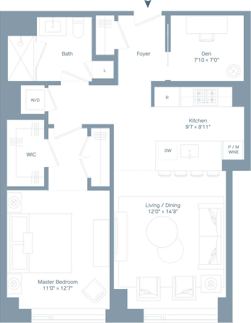 One bedroom with den floorplan
